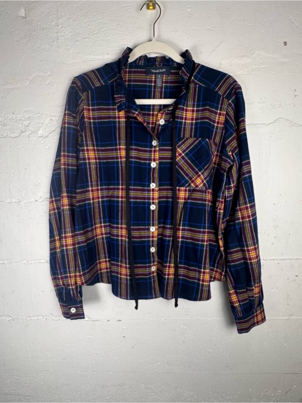 ModCloth ruffled Collar Navy Plaid Button-Up Blouse Velvet Ties Flannel Size S